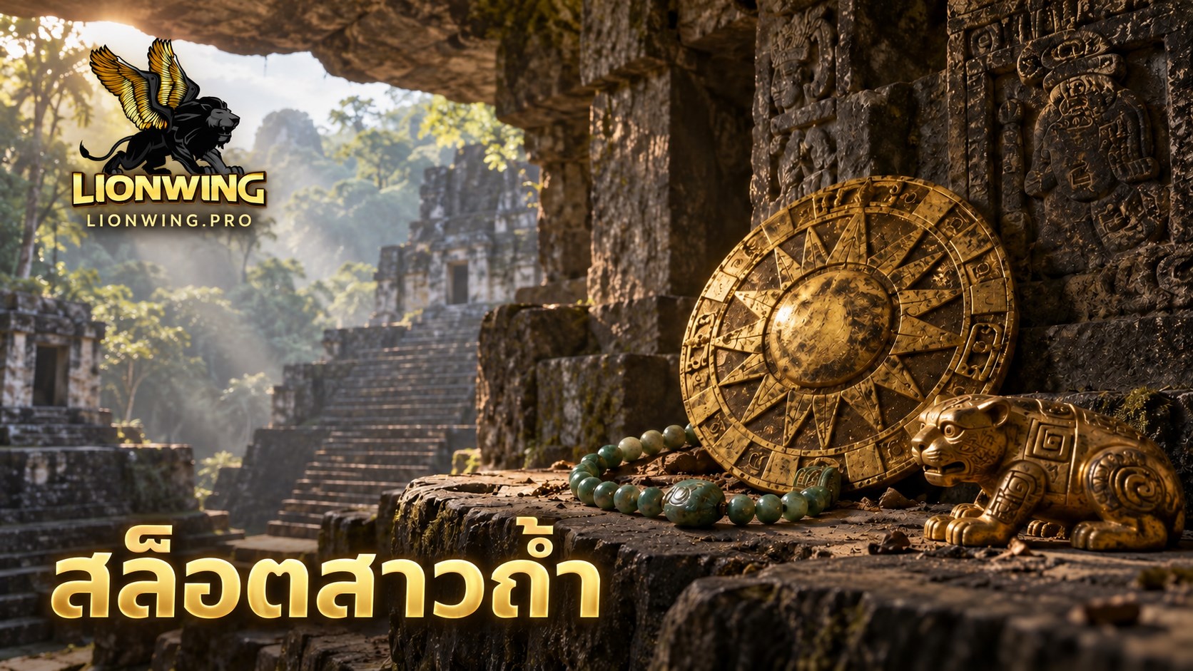 ภาพประกอบวิหารหินและโบราณวัตถุธีมอารยธรรมแอซเท็ก พร้อมหัวข้อ “สล็อตสาวถ้ำ” และแบรนด์ LIONWING