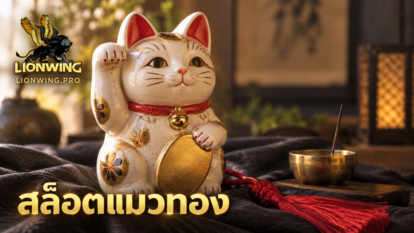 แมวกวักเซรามิกสีทองบนผ้าไหม พร้อมหัวข้อ “สล็อตแมวทอง” และแบรนด์ LIONWING