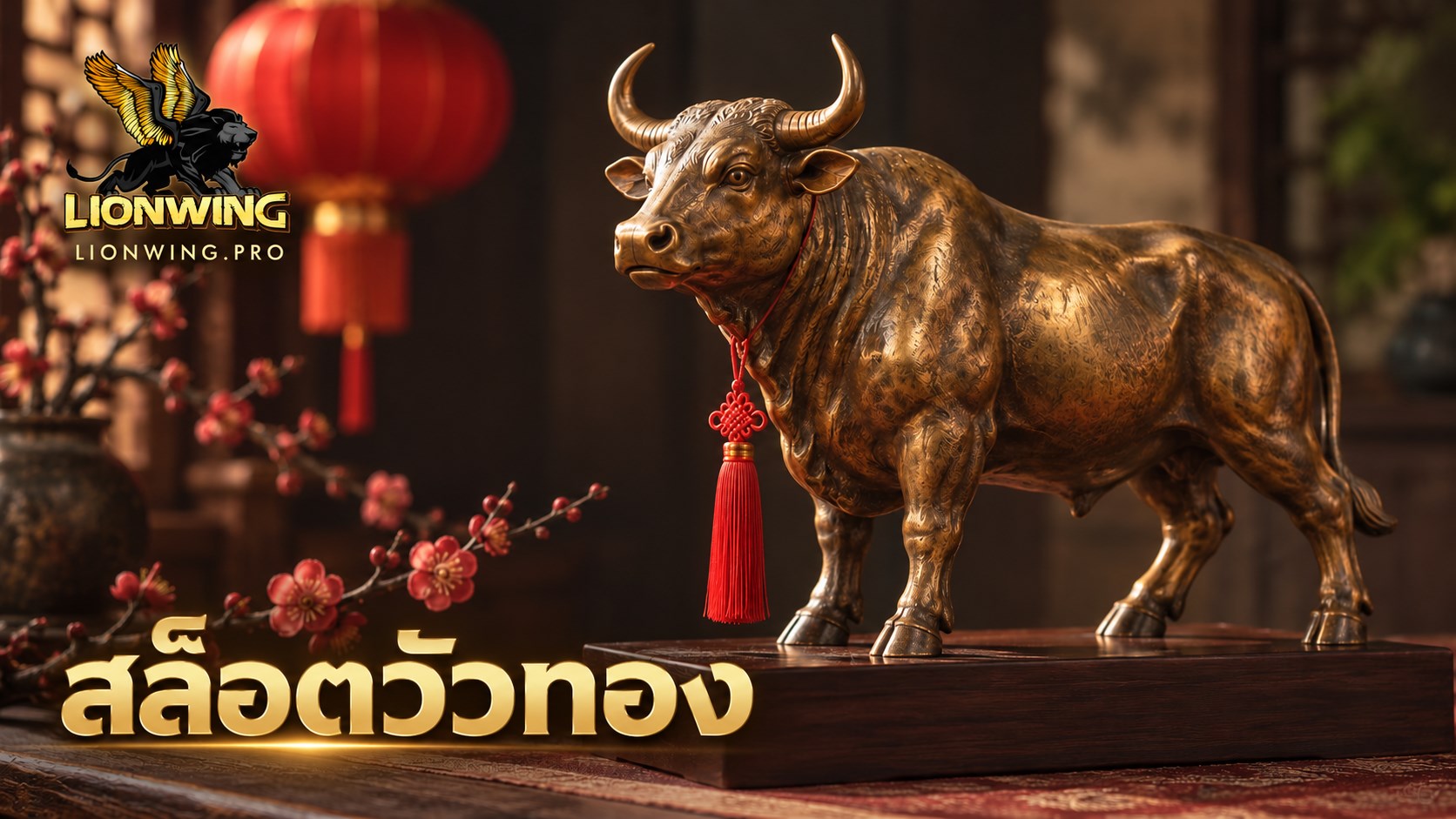 ประติมากรรมวัวสีทองในบรรยากาศเทศกาลจีน พร้อมหัวข้อ “สล็อตวัวทอง” และแบรนด์ LIONWING